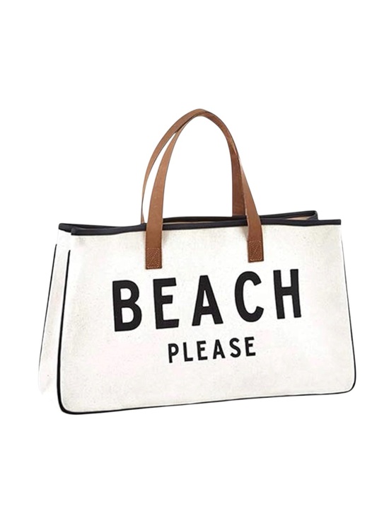 unbranded Handbags - Large White Canvas “BEACH PLEASE” Tote Bag with Tan PU Leather Handles